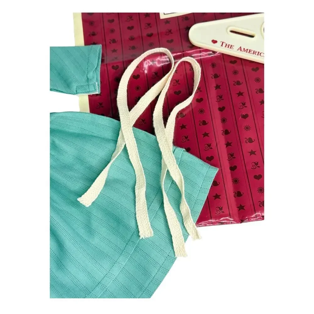 American Girl Kirsten Work Dress Green Cream Hair Ties Pleasant Co Label & Bag